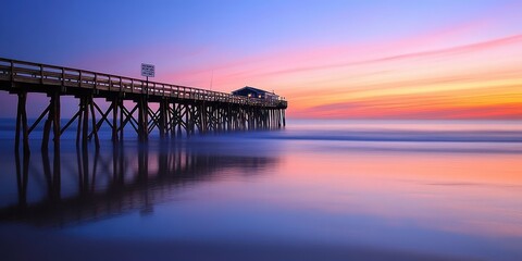 Quiet fishing pier with a white sign mounted on a wooden post, calm waters reflecting the colors of the early morning sky.