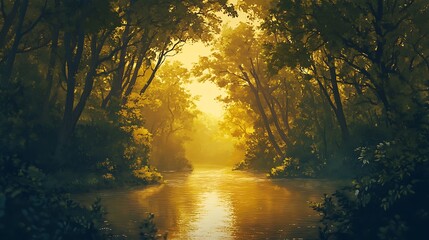 Obraz premium Golden Sunlight Illuminates River Through Forest Canopy
