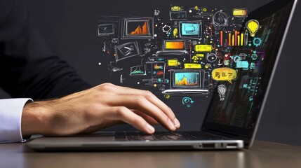Fototapeta premium Data Analysis Hand Using Laptop Technology Innovation