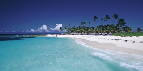 Fototapeta premium Tropical Beach Scene with Palm Trees and Clear Water