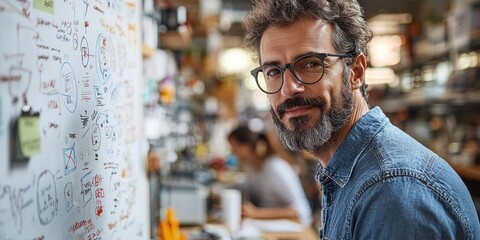 Man with Glasses Smiles Near Whiteboard Filled with Notes
