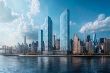 Fototapeta premium Modern skyscrapers rise above the New York skyline along the riverfront. Generative AI