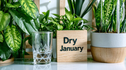 Dry January concept. Empty glass of alcohol standing on shelf with plants, with wooden board. Sobriety challenge, self control campaign