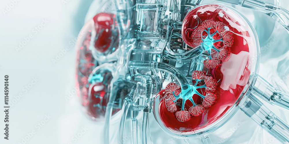 Poster conceptual art piece depicting artificial kidney blending anatomy and technology, showcasing intrica