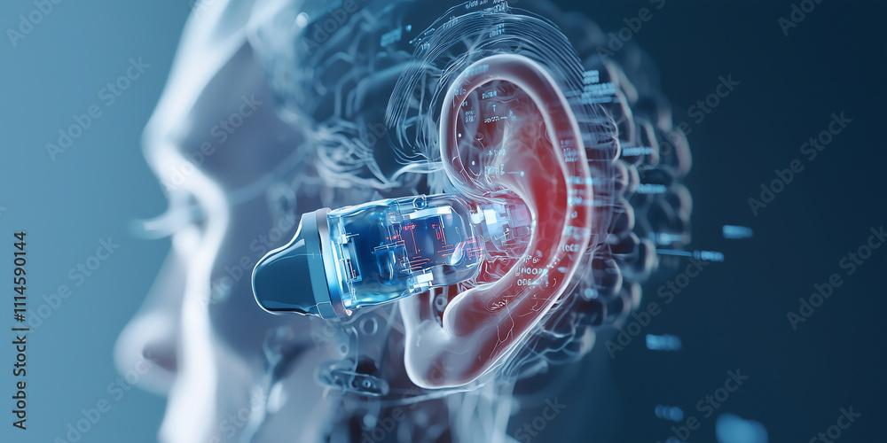 Poster conceptual illustration of cochlear implant interfacing with brain, showcasing advanced technology and innovation in auditory devices. image highlights intricate connection between implant and neural