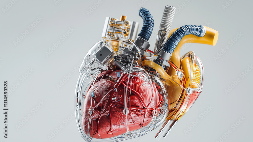 Poster detailed conceptual image of artificial heart in digital setting, showcasing intricate design and advanced technology. heart is depicted with transparent and mechanical components