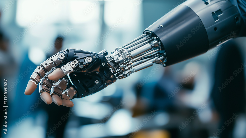 Poster detailed view of prosthetic limb emphasizing fusion of technology and human anatomy, showcasing intr