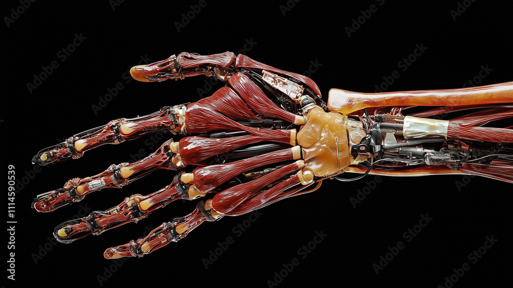 Poster detailed view of prosthetic hand showcasing anatomical structure and intricate design, highlighting advanced technology and realistic appearance of artificial limbs