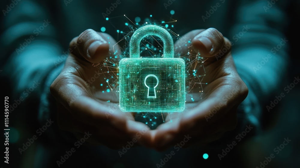Poster hands gently hold a digital padlock representing cyber security