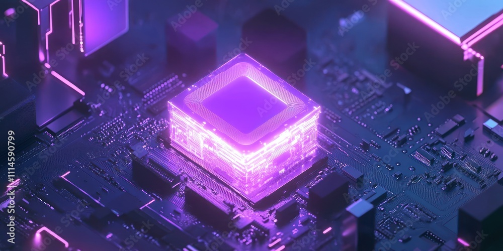 Poster glowing purple cube on circuit board technology