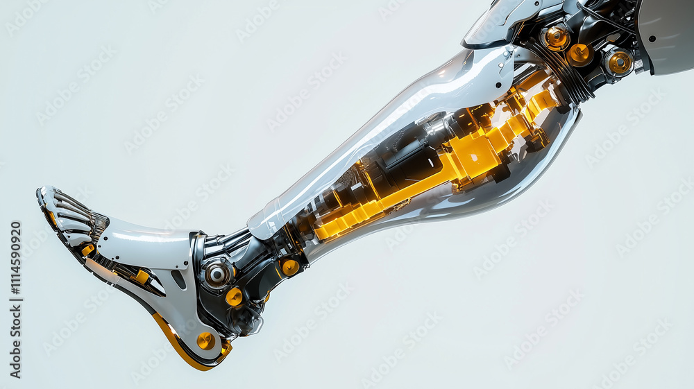 Poster high tech prosthetic leg showcasing integration of advanced robotics and sleek design, featuring transparent elements and intricate mechanical components