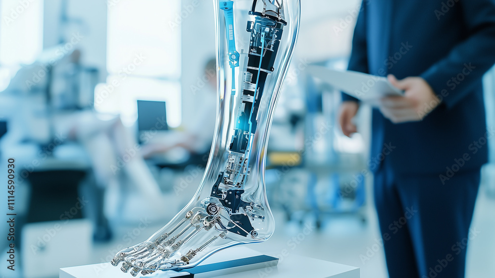 Poster high tech prosthetic leg showcasing integration of advanced robotics and biomechanics in modern medi