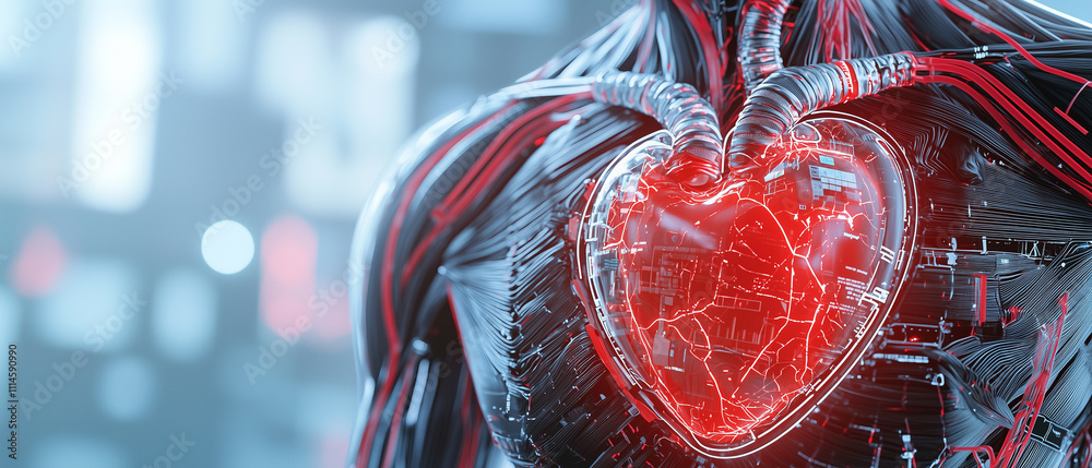 Poster digital representation of human anatomy with glowing artificial heart, symbolizing advanced technology and innovation in medical science. heart is intricately connected with visible circuits