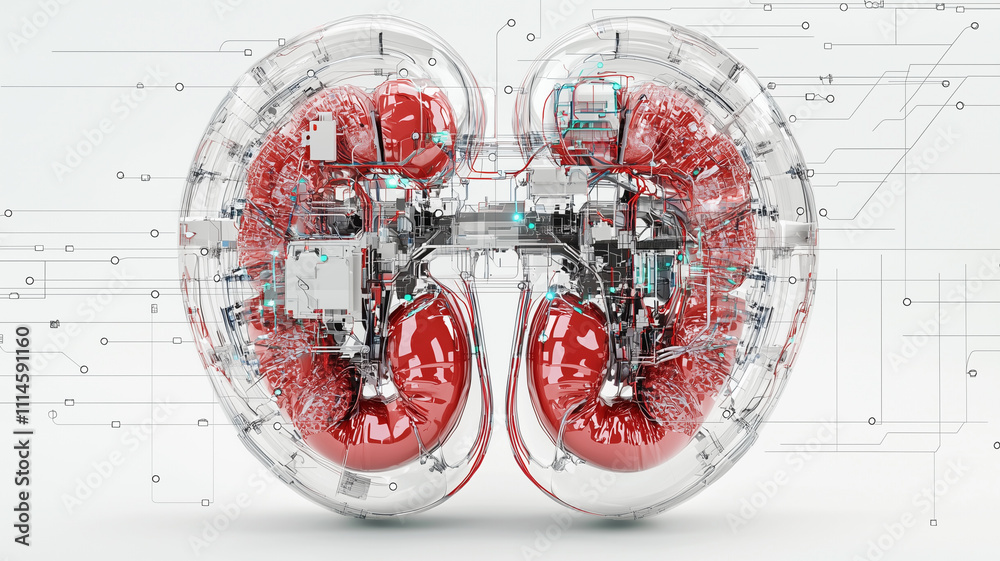 Poster innovative artificial kidney design with detailed anatomy and futuristic technology, showcasing tran