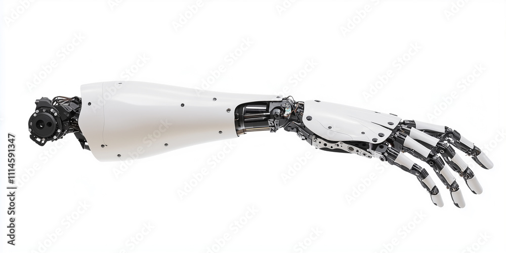 Poster highly detailed prosthetic arm showcasing anatomical accuracy and advanced engineering, featuring sl