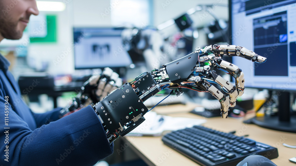 Aufkleber person using advanced robotic prosthetic arms works at computer, showcasing modern technology and innovation in prosthetics. setting is high tech laboratory environment