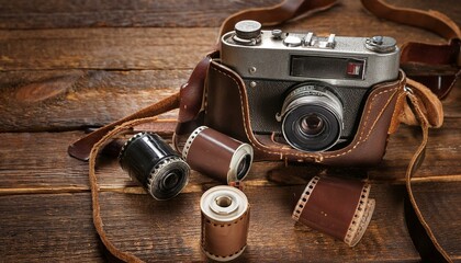 낡고 빛바랜 가죽 케이스에 보관된 고전적인 필름 카메라와 흩어진 필름 롤들