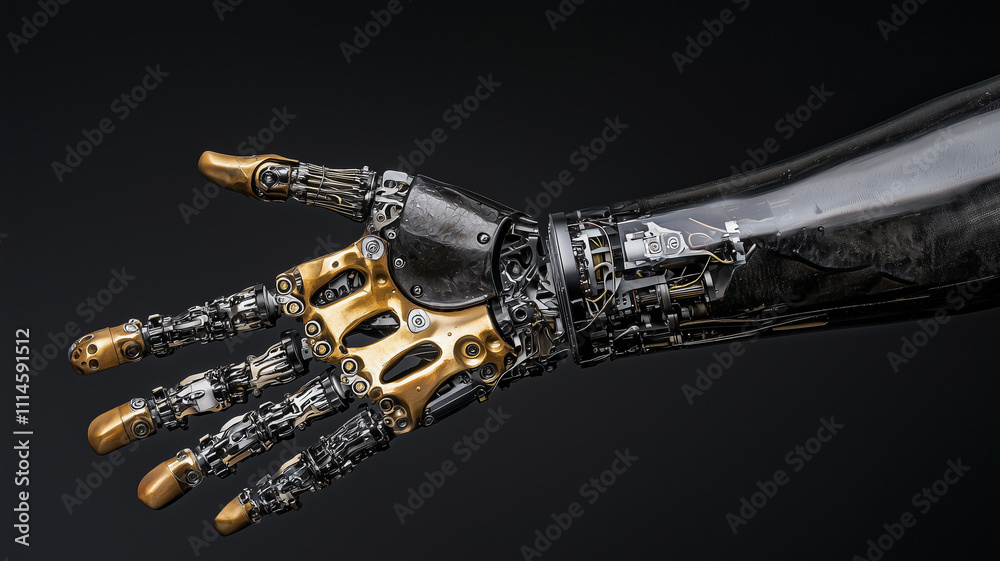 Poster detailed prosthetic arm with intricate anatomical features, showcasing advanced technology and desig