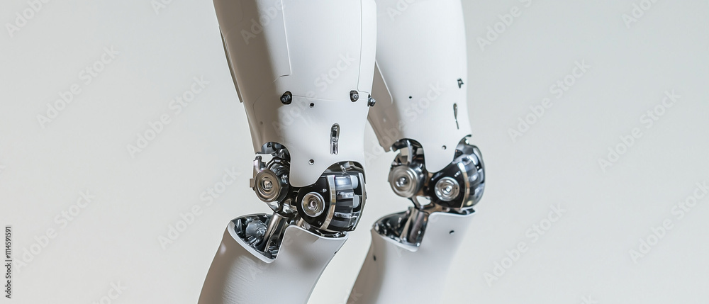 Poster close up view of prosthetic limb showcasing detailed mechanical joints and sleek design, highlightin