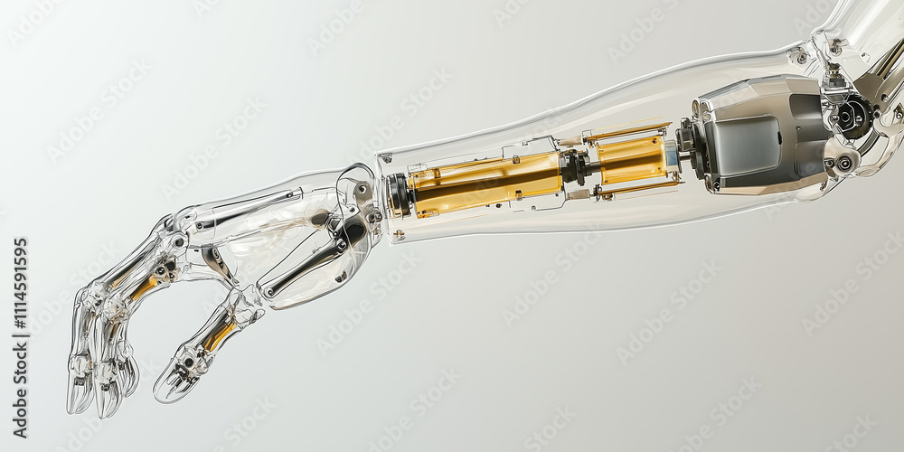 Poster transparent prosthetic limb with visible mechanical components showcases advanced technology and innovation in prosthetics, highlighting intricate design and engineering involved