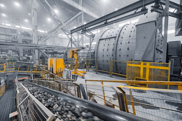 Grinding ball mill operates with mineral ore at plant for copper and gold concentrate. Industry Concentration factory © Parilov