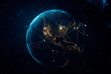 Obraz premium Exploring interconnected cities glowing on Earth from a cosmic perspective. Generative AI