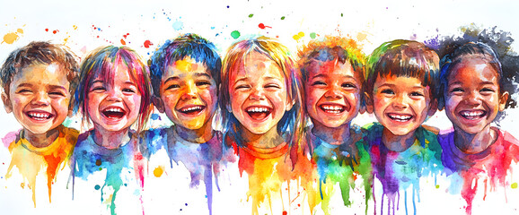 Joyful Children in Vibrant Watercolor Illustration, AI GENERATIVE 