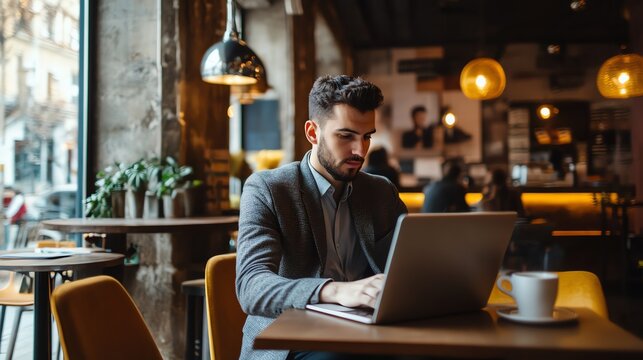 A young man sits at a table in a cafe, working on his laptop. He is dressed in a smart casual outfit and has a cup of coffee on the table.