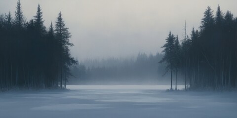 Serene Winter Landscape With Foggy Forest And Frozen Lake