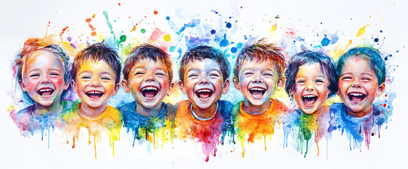 Obraz premium Joyful Children in Vibrant Watercolor Illustration, AI GENERATIVE 