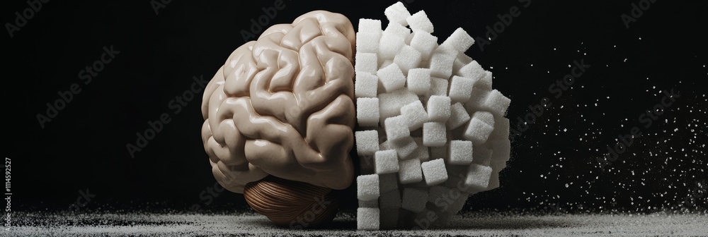 Poster half human brain and half sugar cubes dissolving, symbolizing the detrimental effects of excessive s