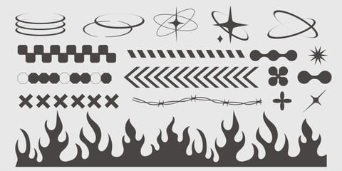 Y2k geometric elements border set, heart with flame, barbed wire, grid pattern. Groovy cyber retro design elements. 