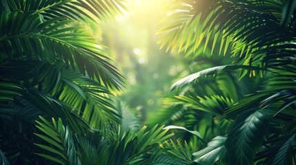 Fototapeta premium Lush tropical green foliage with sunlight beams shining through the dense and vibrant leaves creating a natural scenic background with a peaceful and calming atmosphere