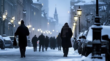Obraz premium Frosted cityscape with snow-covered rooftops, people wrapped in scarves walking through foggy, lamp-lit streets, winter serenity