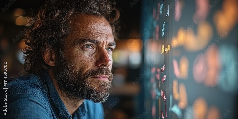 Aufkleber Man with beard thoughtfully observes data display