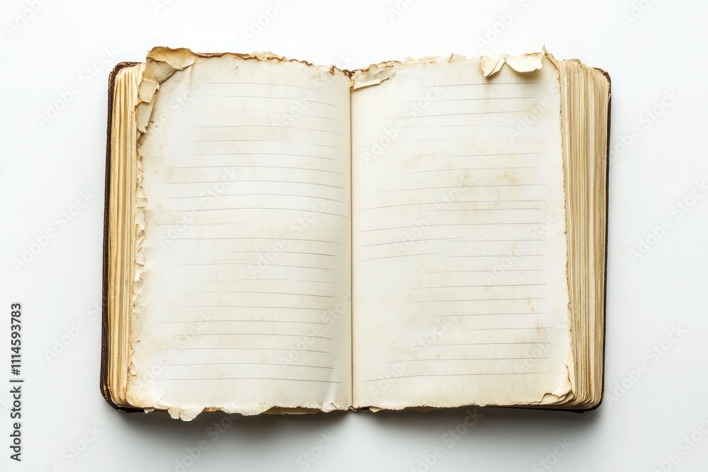Poster Old tattered notebook lies open displaying lined pages