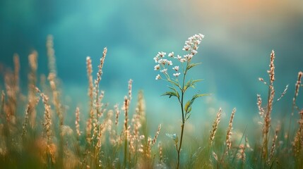 White wildflowers in a field at sunrise.