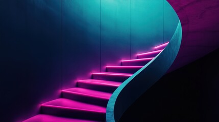 Abstrakte Treppe mit Neonlicht in Blau und Pink