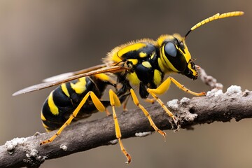 Close-up of a potter wasp with black and yellow markings, building a mud nest on a twig, with translucent wings and a blurred background.