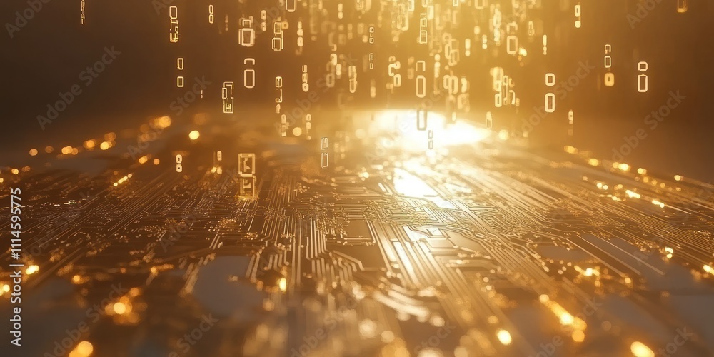 Poster Golden Circuit Board With Binary Code Falling Down
