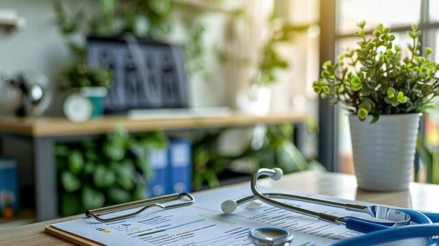 This well-lit hospital workspace featuring medical supplies, a stethoscope, and vibrant plants.