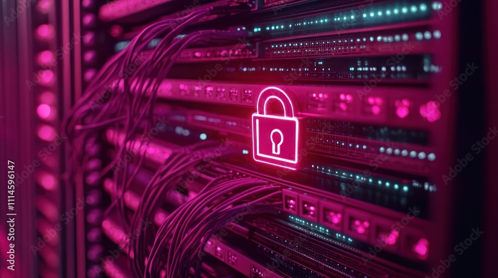 Poster neon padlock illuminates secure server rack