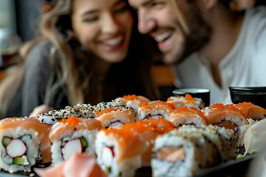Young couple laughing while enjoying sushi in a restaurant.