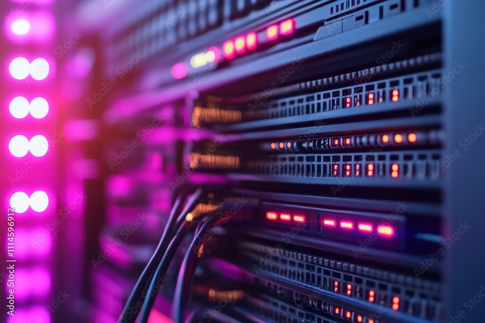 Poster network server rack with cables and lights