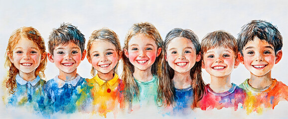 Joyful Children in Vibrant Watercolor Illustration, AI GENERATIVE 