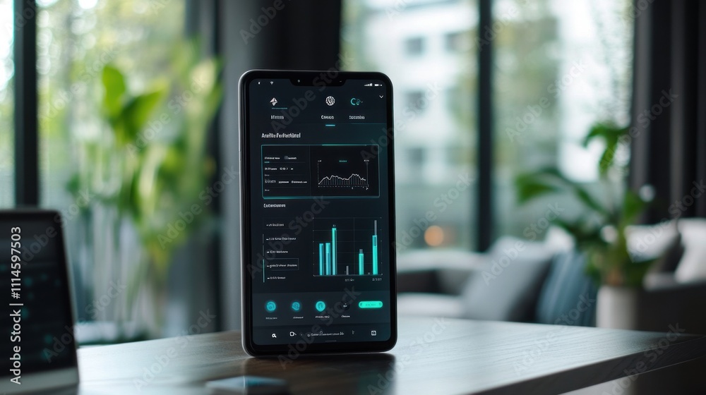 Poster smartphone displays modern home automation dashboard