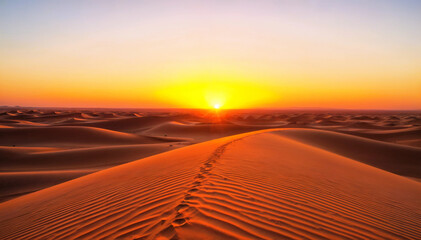 Naklejka premium A stunning sunrise over desert sand dunes, showcasing the beauty of rippled sand patterns and warm, glowing tones.