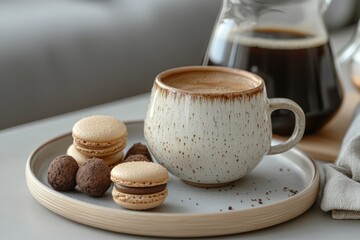Coffee Cup Macarons and Chocolate Truffles on a Plate