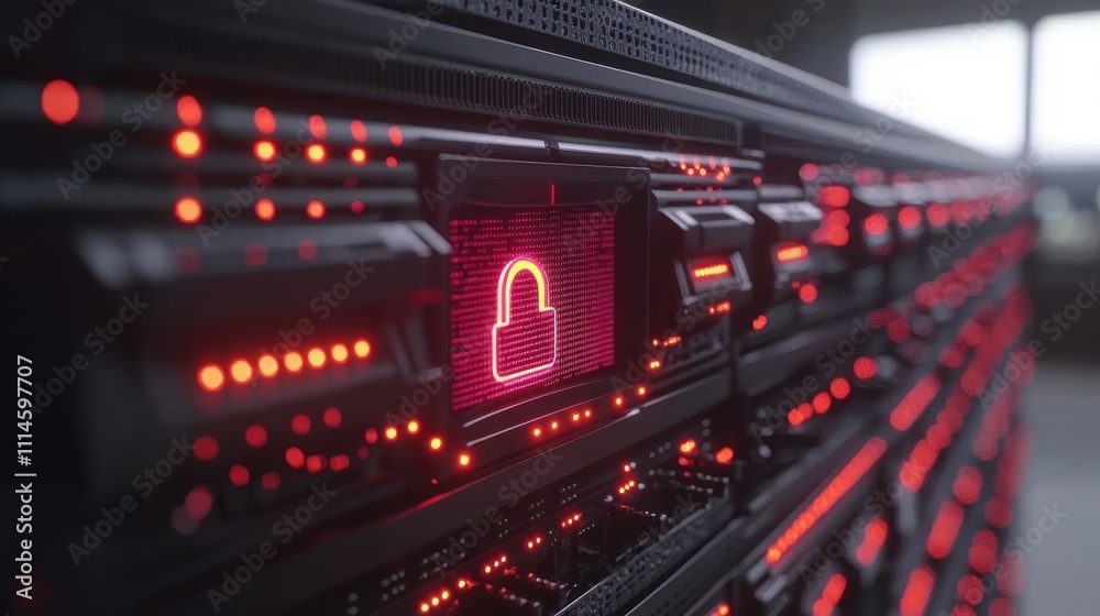 Poster red illuminated server rack displays cybersecurity lock