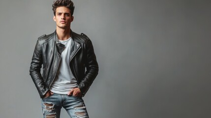 Fototapeta premium A young man showcases a stylish look in a leather jacket and ripped jeans
